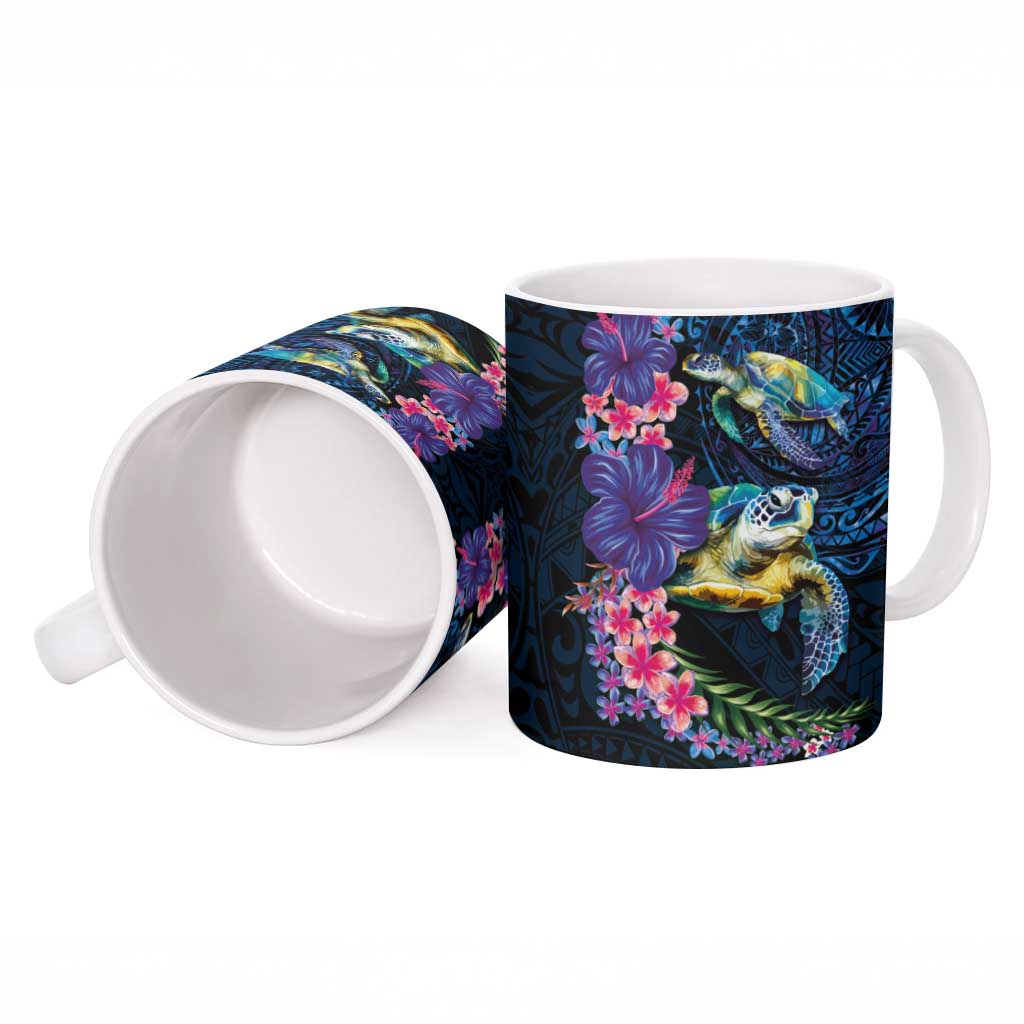 Hawaiian Plumeria and Hibiscus with Turtles Ceramic Mug Polynesian Art Dark Cyan Color - Polynesian Pride