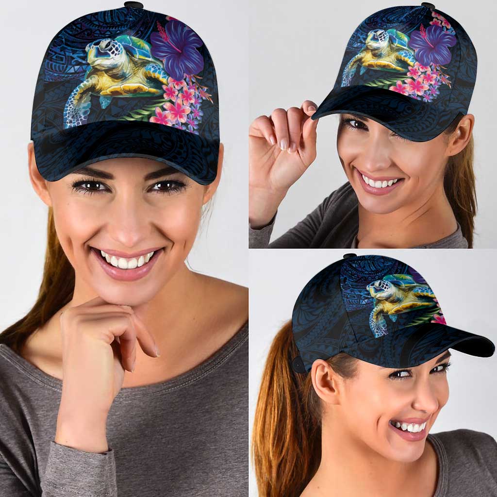 Hawaiian Plumeria and Hibiscus with Turtles Classic Cap Polynesian Art Dark Cyan Color - Polynesian Pride