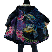 Hawaiian Plumeria and Hibiscus with Turtles Cloak Polynesian Art Dark Cyan Color - Polynesian Pride