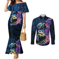 Hawaiian Plumeria and Hibiscus with Turtles Couples Matching Mermaid Dress and Long Sleeve Button Shirt Polynesian Art Dark Cyan Color - Polynesian Pride