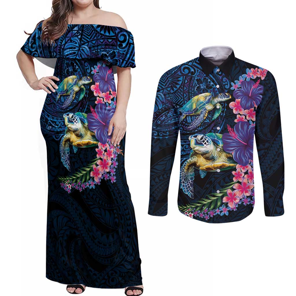 Hawaiian Plumeria and Hibiscus with Turtles Couples Matching Off Shoulder Maxi Dress and Long Sleeve Button Shirt Polynesian Art Dark Cyan Color - Polynesian Pride