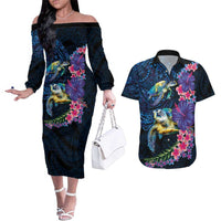 Hawaiian Plumeria and Hibiscus with Turtles Couples Matching Off The Shoulder Long Sleeve Dress and Hawaiian Shirt Polynesian Art Dark Cyan Color - Polynesian Pride