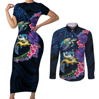 Hawaiian Plumeria and Hibiscus with Turtles Couples Matching Short Sleeve Bodycon Dress and Long Sleeve Button Shirt Polynesian Art Dark Cyan Color - Polynesian Pride