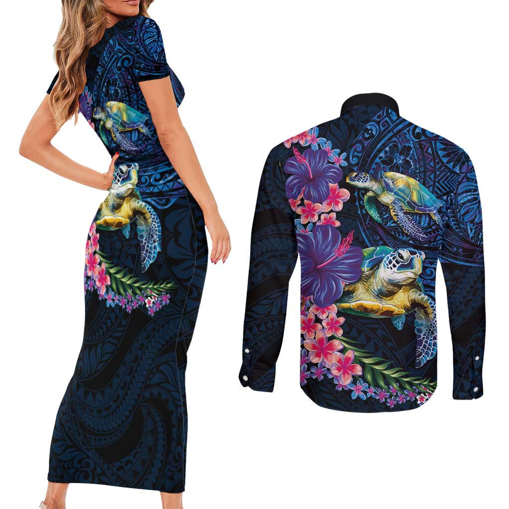 Hawaiian Plumeria and Hibiscus with Turtles Couples Matching Short Sleeve Bodycon Dress and Long Sleeve Button Shirt Polynesian Art Dark Cyan Color - Polynesian Pride