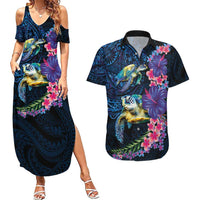 Hawaiian Plumeria and Hibiscus with Turtles Couples Matching Summer Maxi Dress and Hawaiian Shirt Polynesian Art Dark Cyan Color - Polynesian Pride