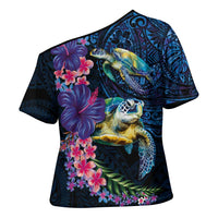 Hawaiian Plumeria and Hibiscus with Turtles Cross Shoulder Shirt Polynesian Art Dark Cyan Color - Polynesian Pride