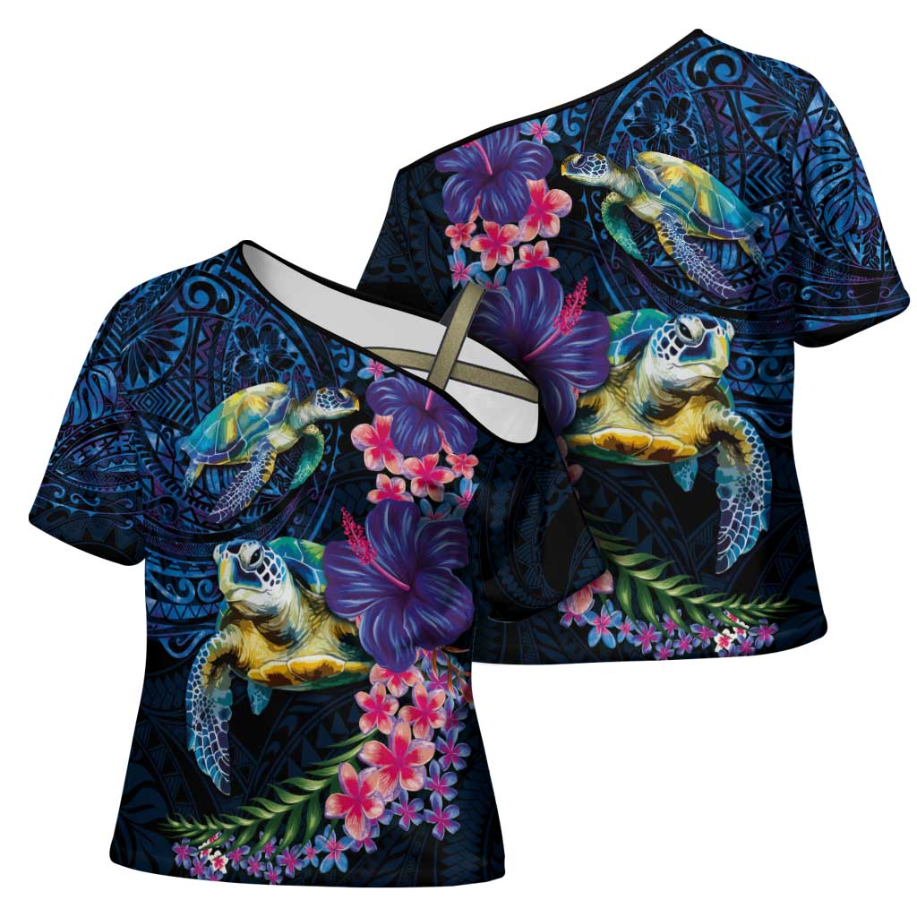 Hawaiian Plumeria and Hibiscus with Turtles Cross Shoulder Shirt Polynesian Art Dark Cyan Color - Polynesian Pride