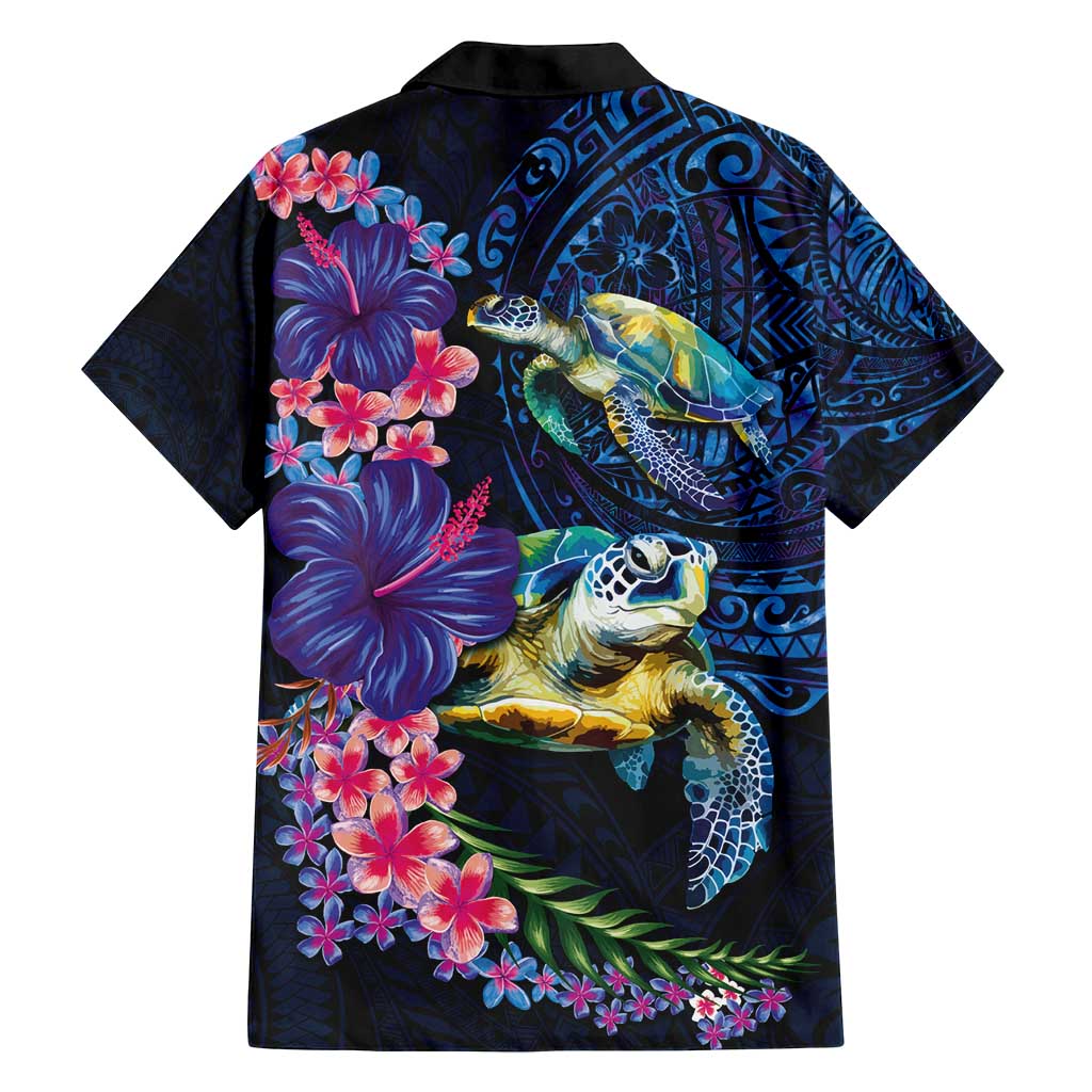 Hawaiian Plumeria and Hibiscus with Turtles Family Matching Long Sleeve Bodycon Dress and Hawaiian Shirt Polynesian Art Dark Cyan Color - Polynesian Pride
