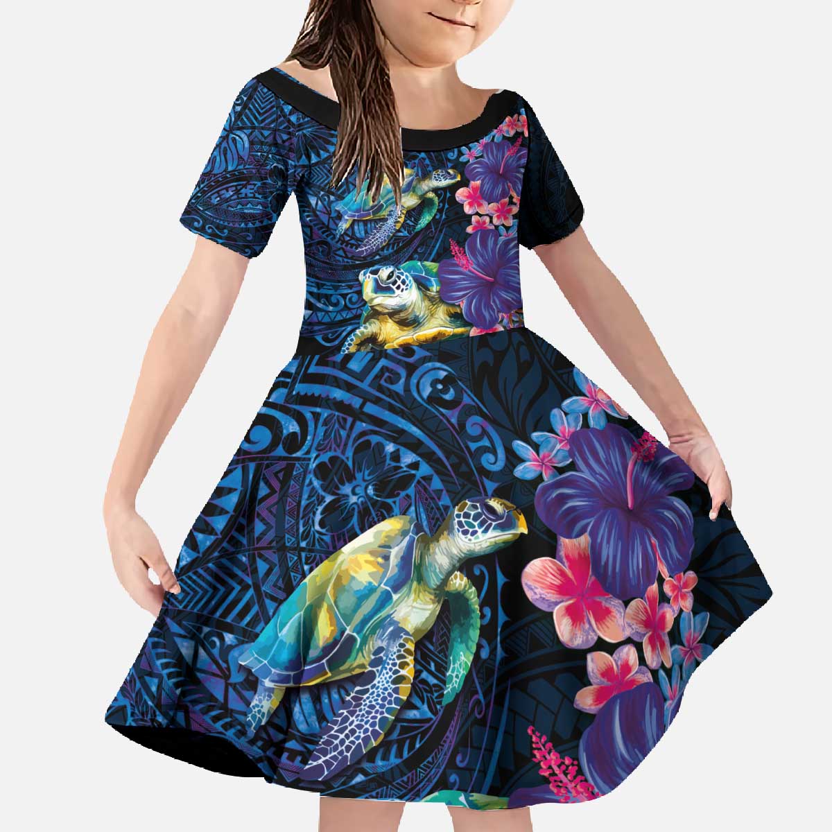 Hawaiian Plumeria and Hibiscus with Turtles Family Matching Off The Shoulder Long Sleeve Dress and Hawaiian Shirt Polynesian Art Dark Cyan Color - Polynesian Pride