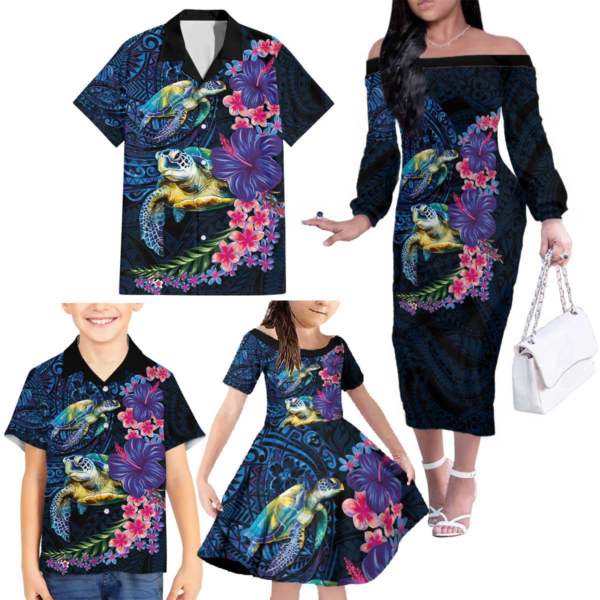 Hawaiian Plumeria and Hibiscus with Turtles Family Matching Off The Shoulder Long Sleeve Dress and Hawaiian Shirt Polynesian Art Dark Cyan Color - Polynesian Pride