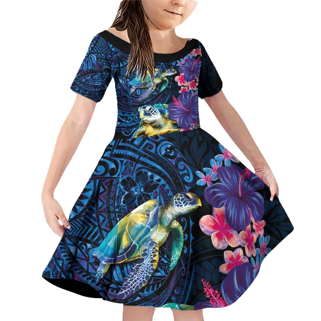 Hawaiian Plumeria and Hibiscus with Turtles Family Matching Off Shoulder Short Dress and Hawaiian Shirt Polynesian Art Dark Cyan Color - Polynesian Pride