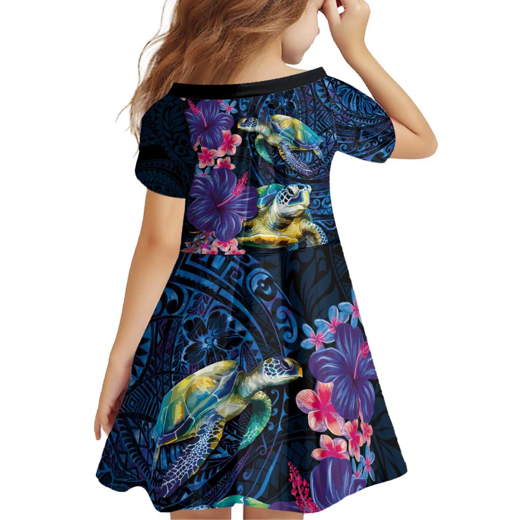 Hawaiian Plumeria and Hibiscus with Turtles Family Matching Off Shoulder Short Dress and Hawaiian Shirt Polynesian Art Dark Cyan Color - Polynesian Pride