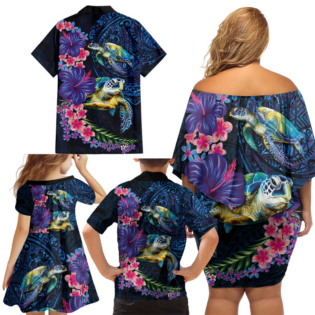 Hawaiian Plumeria and Hibiscus with Turtles Family Matching Off Shoulder Short Dress and Hawaiian Shirt Polynesian Art Dark Cyan Color - Polynesian Pride