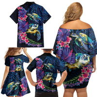 Hawaiian Plumeria and Hibiscus with Turtles Family Matching Off Shoulder Short Dress and Hawaiian Shirt Polynesian Art Dark Cyan Color - Polynesian Pride