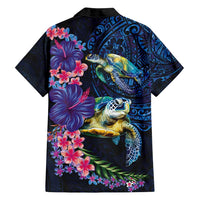 Hawaiian Plumeria and Hibiscus with Turtles Family Matching Off Shoulder Short Dress and Hawaiian Shirt Polynesian Art Dark Cyan Color - Polynesian Pride