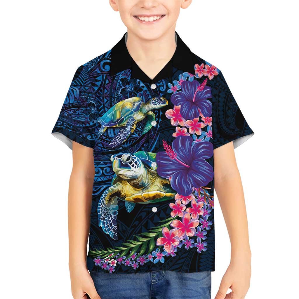 Hawaiian Plumeria and Hibiscus with Turtles Family Matching Off Shoulder Short Dress and Hawaiian Shirt Polynesian Art Dark Cyan Color - Polynesian Pride