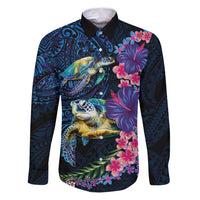 Hawaiian Plumeria and Hibiscus with Turtles Family Matching Puletasi and Hawaiian Shirt Polynesian Art Dark Cyan Color - Polynesian Pride