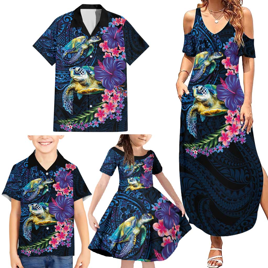 Hawaiian Plumeria and Hibiscus with Turtles Family Matching Summer Maxi Dress and Hawaiian Shirt Polynesian Art Dark Cyan Color - Polynesian Pride