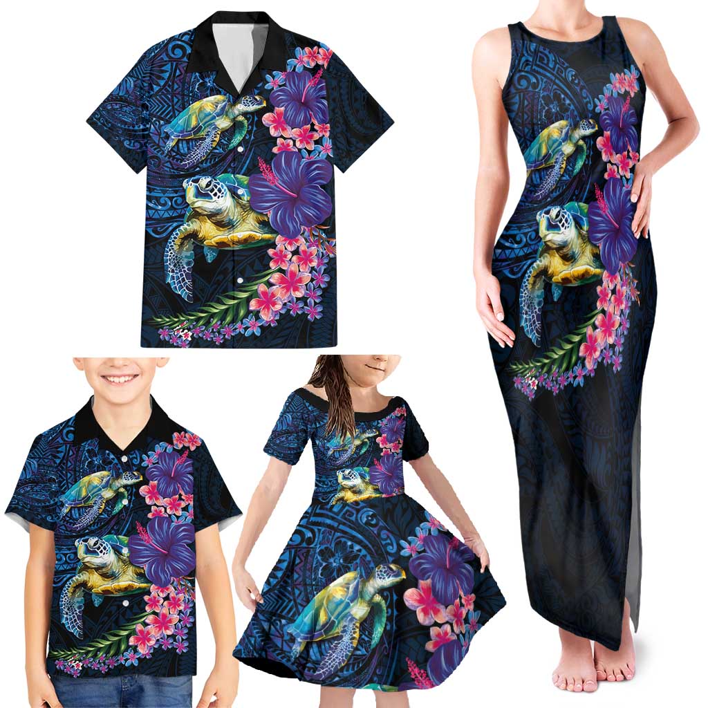 Hawaiian Plumeria and Hibiscus with Turtles Family Matching Tank Maxi Dress and Hawaiian Shirt Polynesian Art Dark Cyan Color - Polynesian Pride