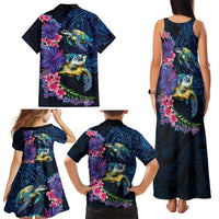 Hawaiian Plumeria and Hibiscus with Turtles Family Matching Tank Maxi Dress and Hawaiian Shirt Polynesian Art Dark Cyan Color - Polynesian Pride