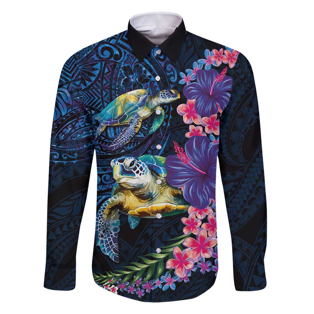 Hawaiian Plumeria and Hibiscus with Turtles Family Matching Tank Maxi Dress and Hawaiian Shirt Polynesian Art Dark Cyan Color - Polynesian Pride