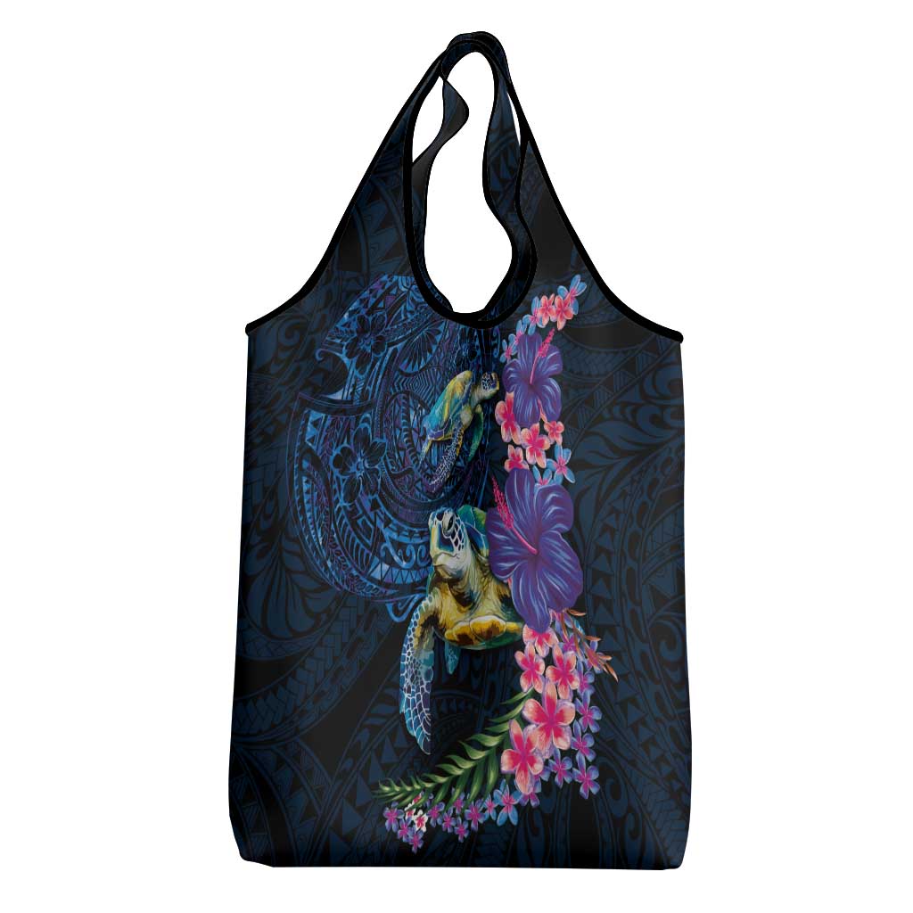 Hawaiian Plumeria and Hibiscus with Turtles Grocery Bag Polynesian Art Dark Cyan Color - Polynesian Pride