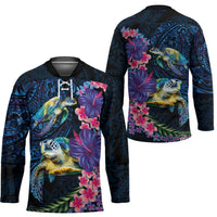 Hawaiian Plumeria and Hibiscus with Turtles Hockey Jersey Polynesian Art Dark Cyan Color - Polynesian Pride