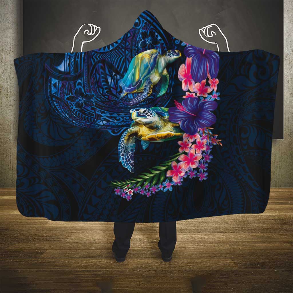 Hawaiian Plumeria and Hibiscus with Turtles Hooded Blanket Polynesian Art Dark Cyan Color - Polynesian Pride