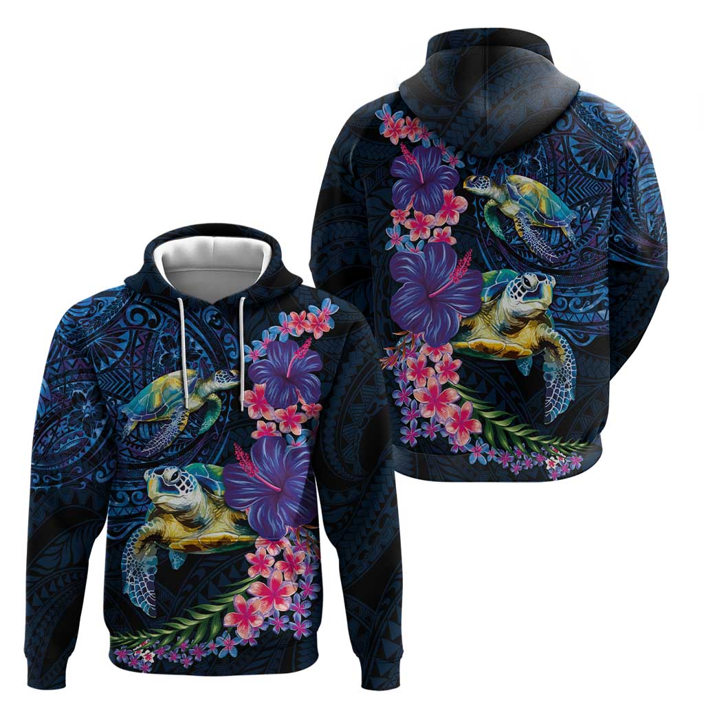 Hawaiian Plumeria and Hibiscus with Turtles Hoodie Polynesian Art Dark Cyan Color - Polynesian Pride