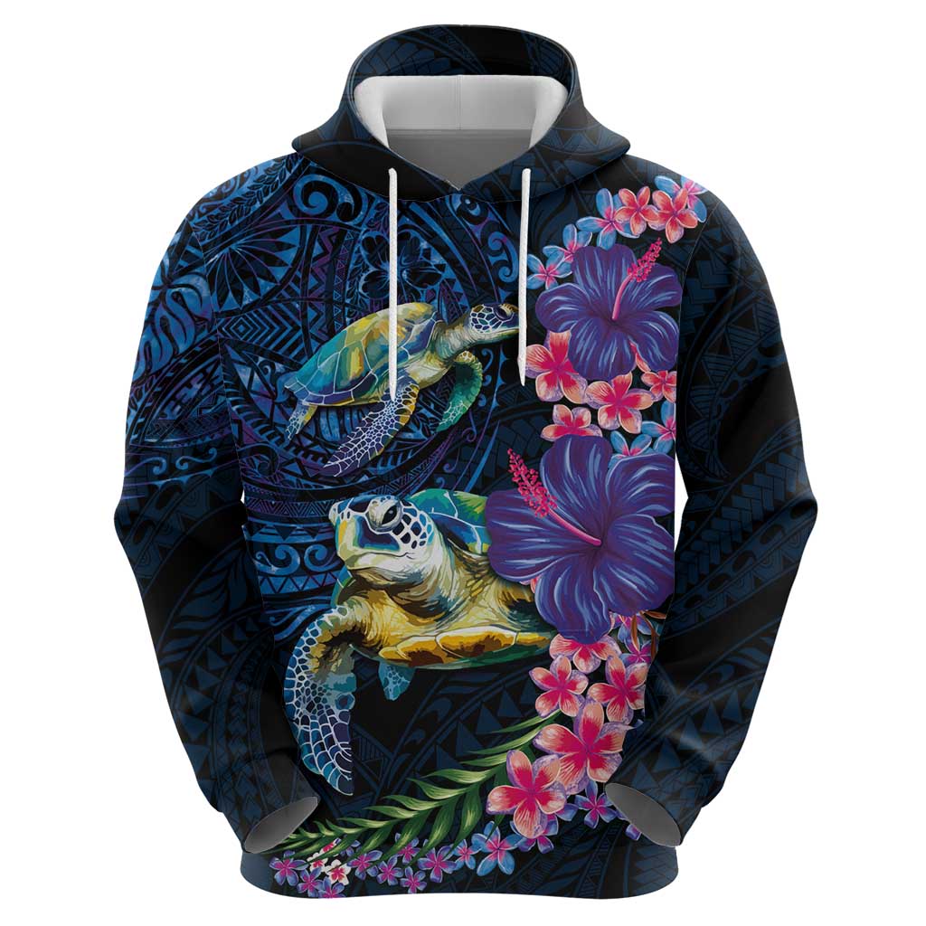 Hawaiian Plumeria and Hibiscus with Turtles Hoodie Polynesian Art Dark Cyan Color - Polynesian Pride