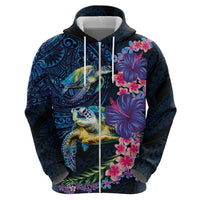 Hawaiian Plumeria and Hibiscus with Turtles Hoodie Polynesian Art Dark Cyan Color - Polynesian Pride