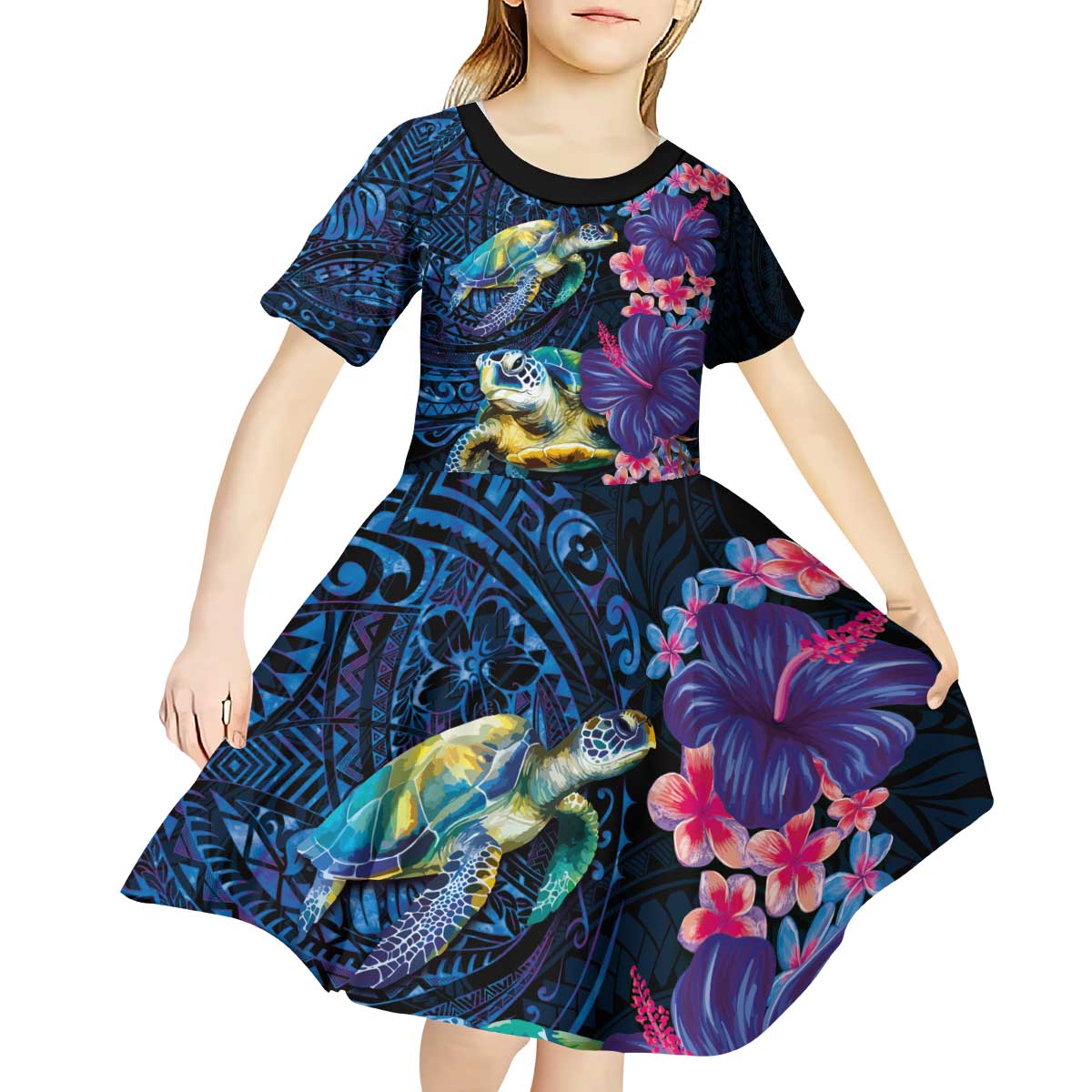 Hawaiian Plumeria and Hibiscus with Turtles Kid Short Sleeve Dress Polynesian Art Dark Cyan Color - Polynesian Pride