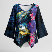 Hawaiian Plumeria and Hibiscus with Turtles Kimono Sleeve Blouse Polynesian Art Dark Cyan Color - Polynesian Pride