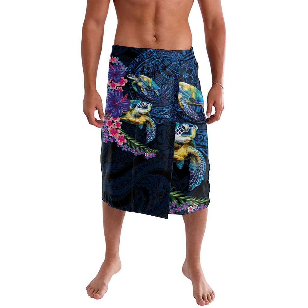 Hawaiian Plumeria and Hibiscus with Turtles Lavalava Polynesian Art Dark Cyan Color - Polynesian Pride