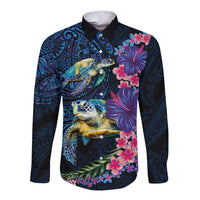 Hawaiian Plumeria and Hibiscus with Turtles Long Sleeve Button Shirt Polynesian Art Dark Cyan Color - Polynesian Pride