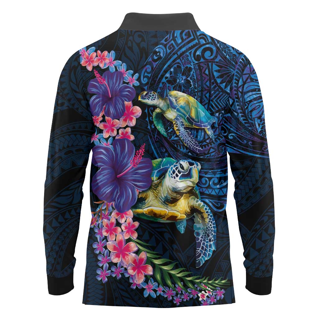 Hawaiian Plumeria and Hibiscus with Turtles Long Sleeve Polo Shirt Polynesian Art Dark Cyan Color - Polynesian Pride
