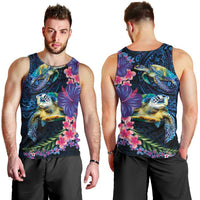 Hawaiian Plumeria and Hibiscus with Turtles Men Tank Top Polynesian Art Dark Cyan Color - Polynesian Pride