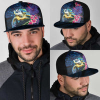 Hawaiian Plumeria and Hibiscus with Turtles Mesh Trucker Cap Polynesian Art Dark Cyan Color - Polynesian Pride