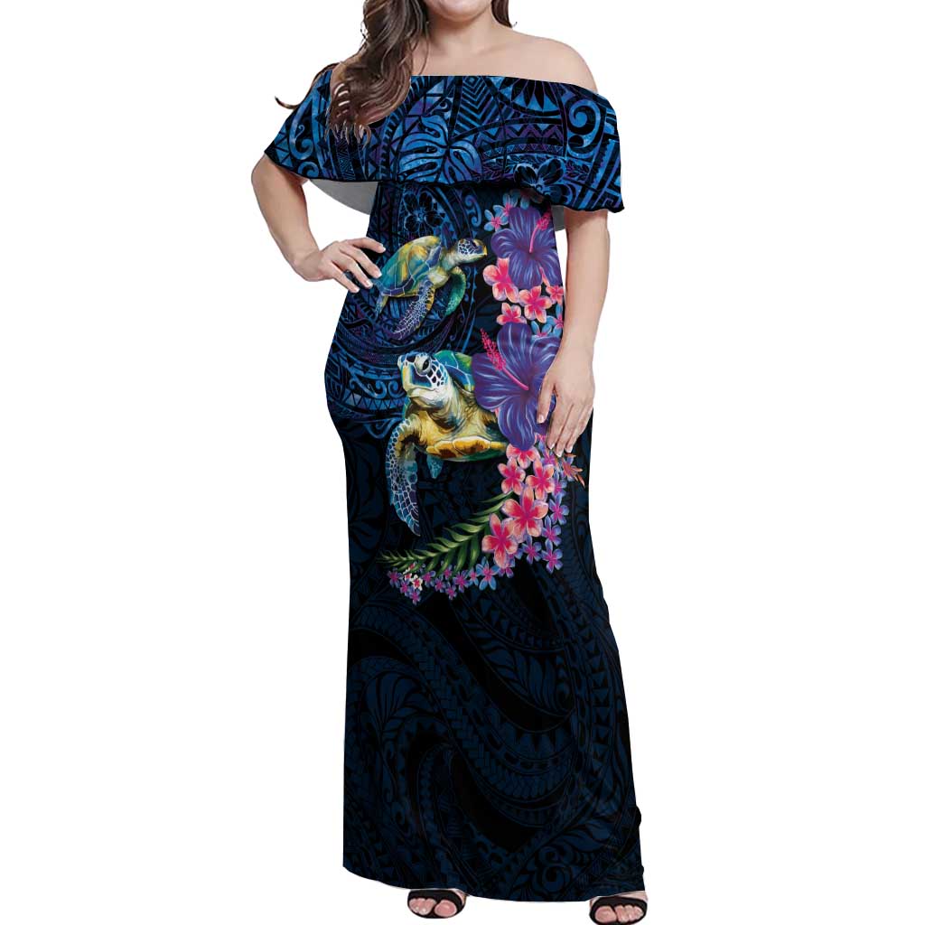 Hawaiian Plumeria and Hibiscus with Turtles Off Shoulder Maxi Dress Polynesian Art Dark Cyan Color - Polynesian Pride