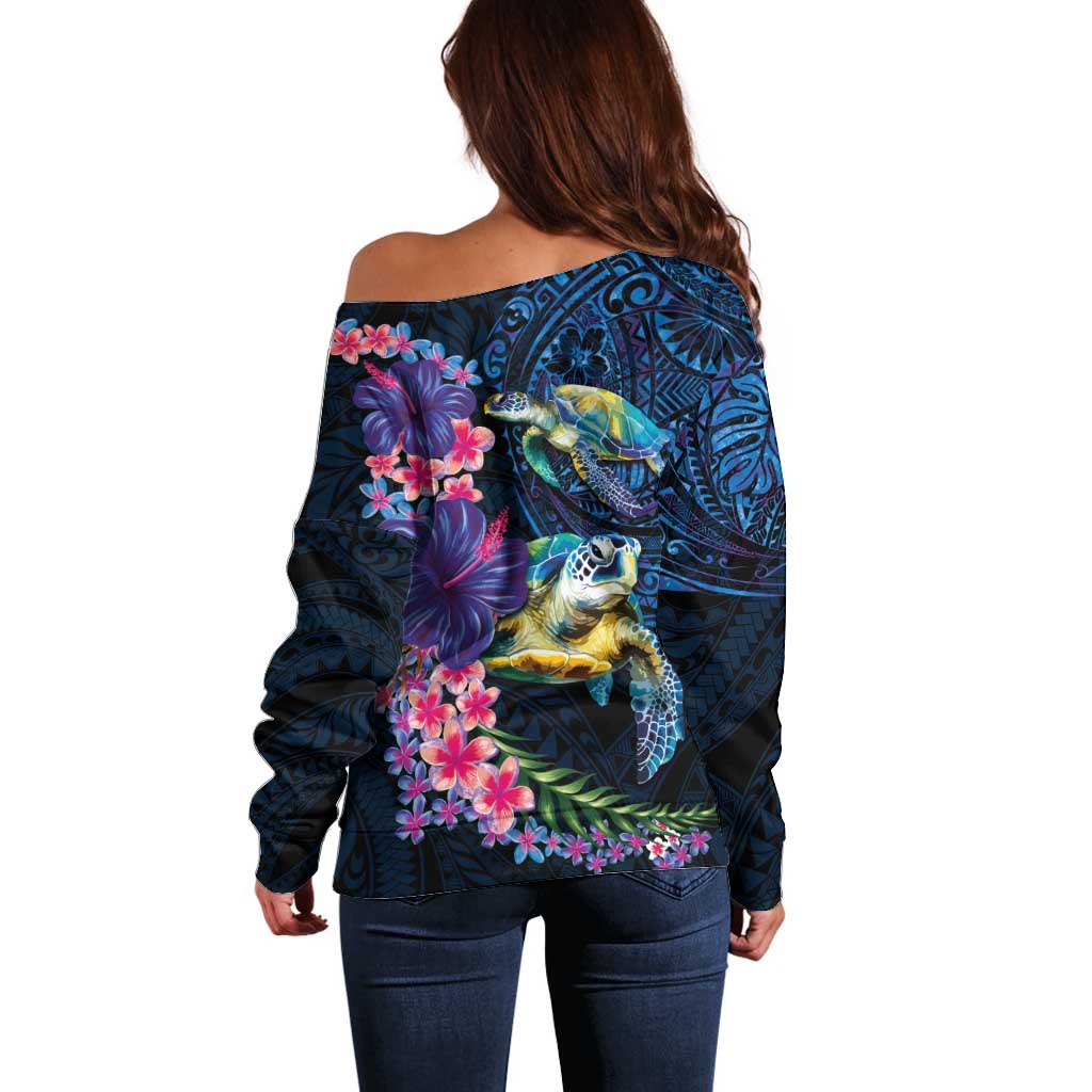 Hawaiian Plumeria and Hibiscus with Turtles Off Shoulder Sweater Polynesian Art Dark Cyan Color - Polynesian Pride