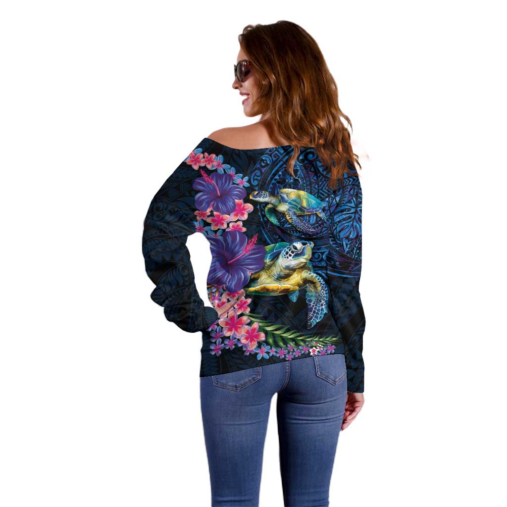 Hawaiian Plumeria and Hibiscus with Turtles Off Shoulder Sweater Polynesian Art Dark Cyan Color - Polynesian Pride