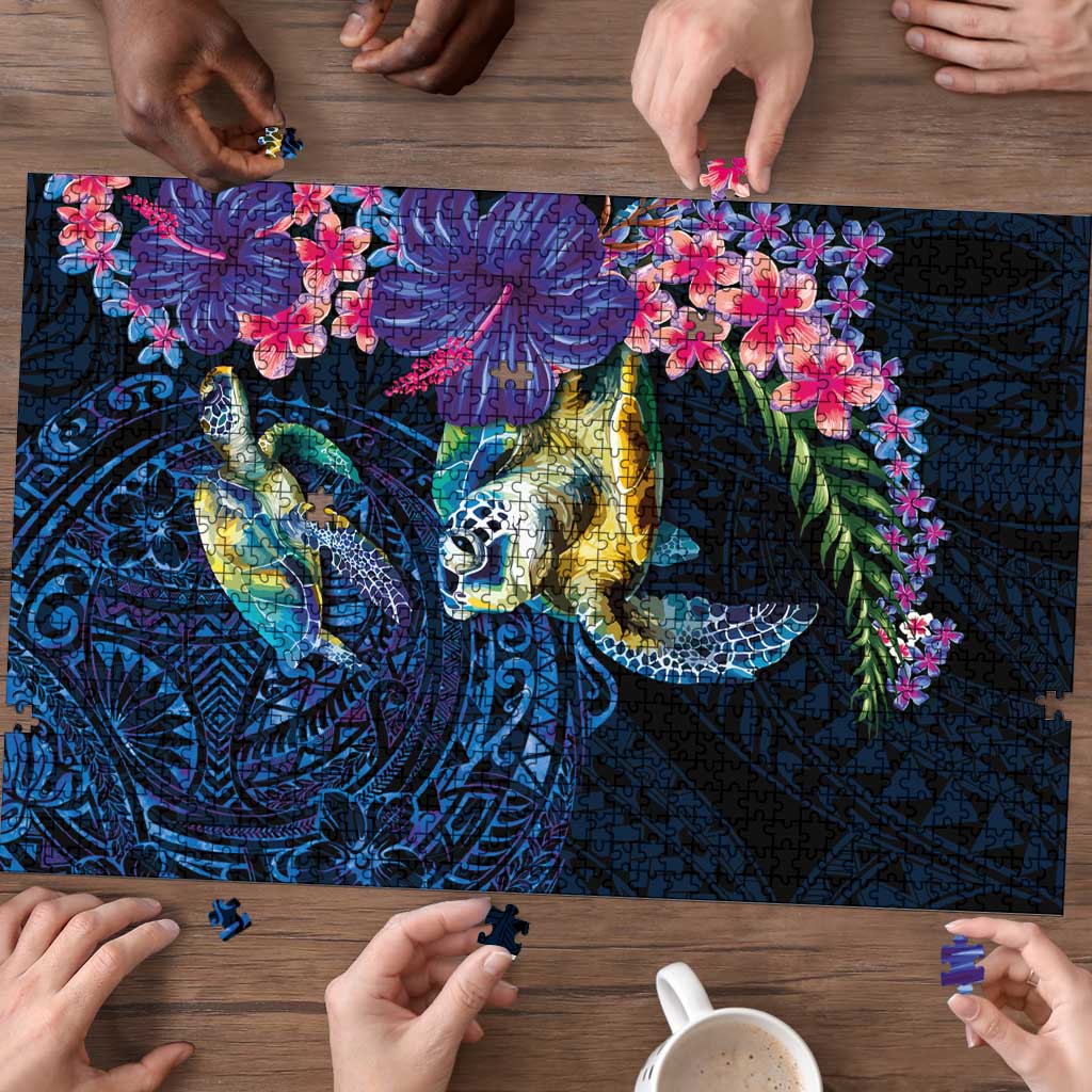 Hawaiian Plumeria and Hibiscus with Turtles Puzzle Polynesian Art Dark Cyan Color - Polynesian Pride