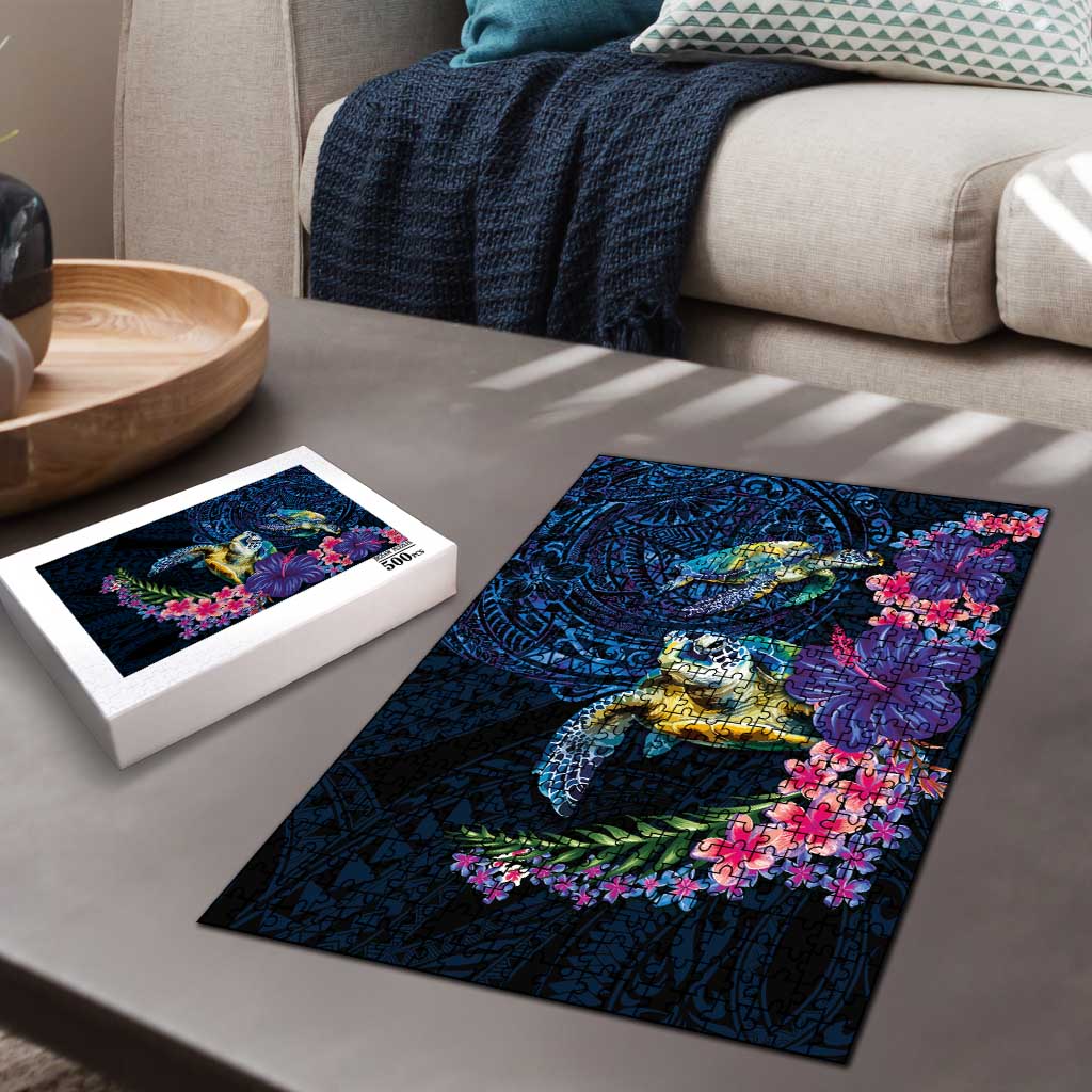 Hawaiian Plumeria and Hibiscus with Turtles Puzzle Polynesian Art Dark Cyan Color - Polynesian Pride