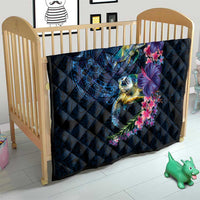 Hawaiian Plumeria and Hibiscus with Turtles Quilt Polynesian Art Dark Cyan Color - Polynesian Pride