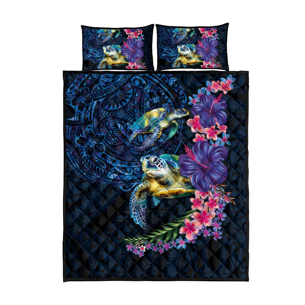 Hawaiian Plumeria and Hibiscus with Turtles Quilt Bed Set Polynesian Art Dark Cyan Color - Polynesian Pride