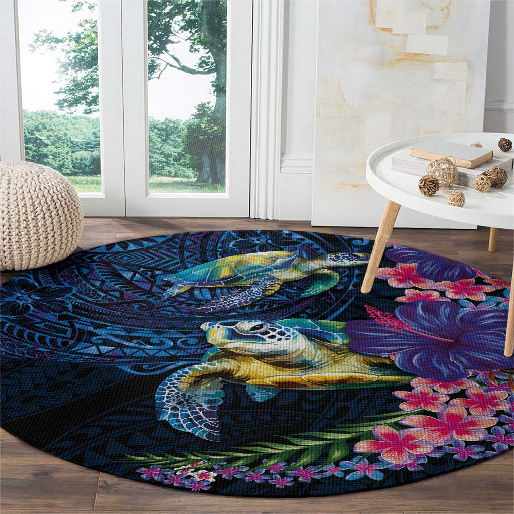 Hawaiian Plumeria and Hibiscus with Turtles Round Carpet Polynesian Art Dark Cyan Color - Polynesian Pride