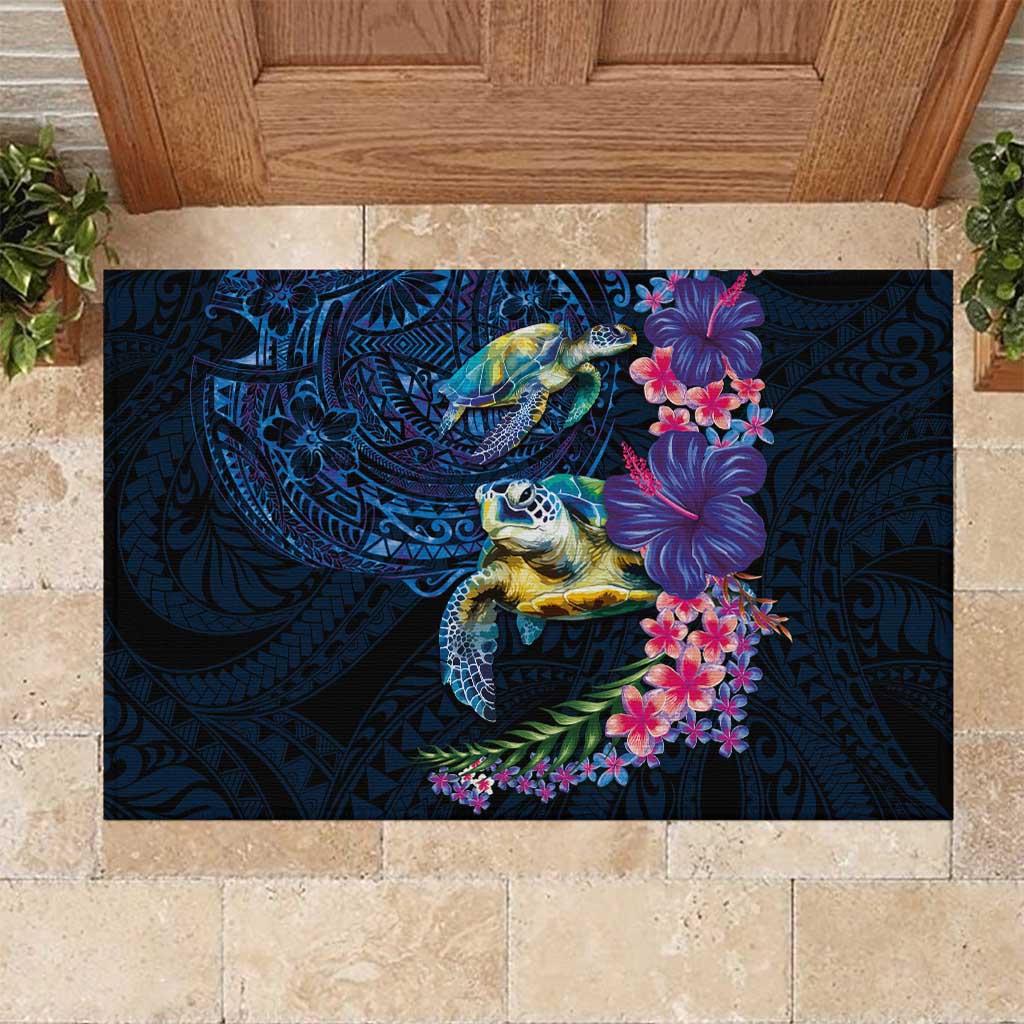 Hawaiian Plumeria and Hibiscus with Turtles Rubber Doormat Polynesian Art Dark Cyan Color - Polynesian Pride