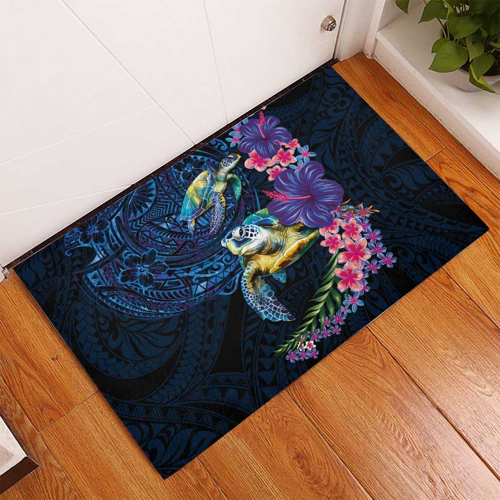 Hawaiian Plumeria and Hibiscus with Turtles Rubber Doormat Polynesian Art Dark Cyan Color - Polynesian Pride