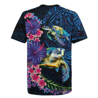 Hawaiian Plumeria and Hibiscus with Turtles Rugby Jersey Polynesian Art Dark Cyan Color - Polynesian Pride