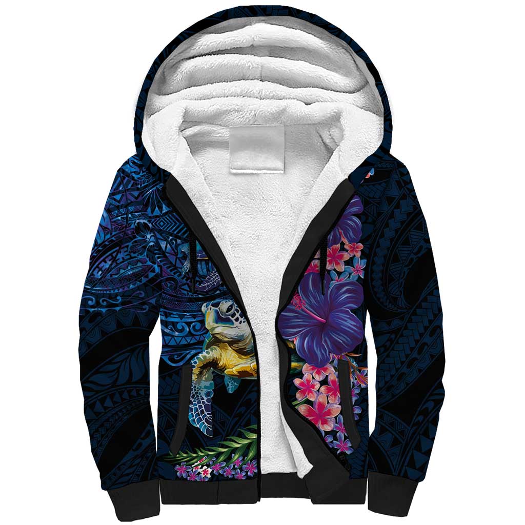 Hawaiian Plumeria and Hibiscus with Turtles Sherpa Hoodie Polynesian Art Dark Cyan Color - Polynesian Pride
